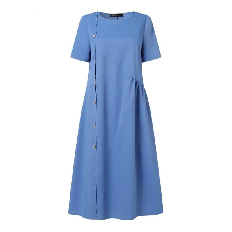 Summer O Neck Buttons A-line Loose Dress Short Sleeve Elegant Pleated Casual Dress Large Size Party Solid Color Fashion Ladies Female Simple Clothing