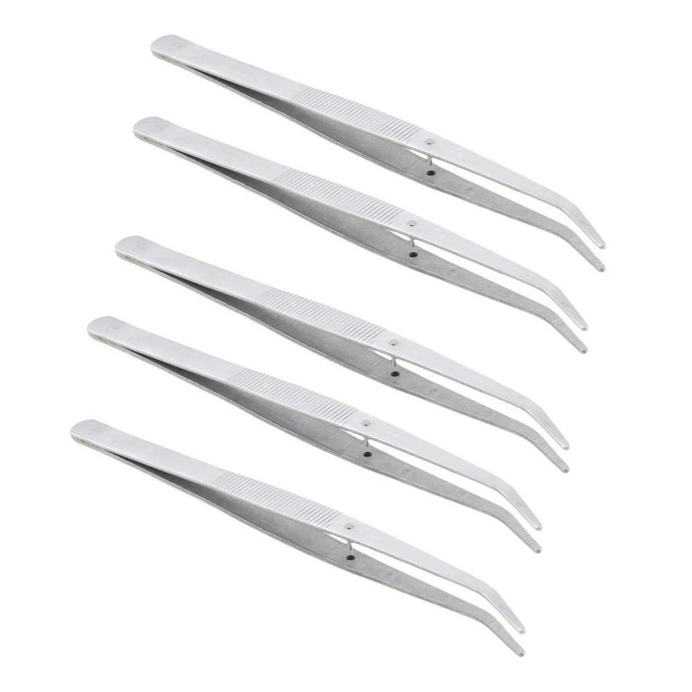 5pcs Stainless Steel Curved Tweezer Precision Tips Curved Serrated Tip Sewing Machine Tweezers Knurled Handles With Teeth