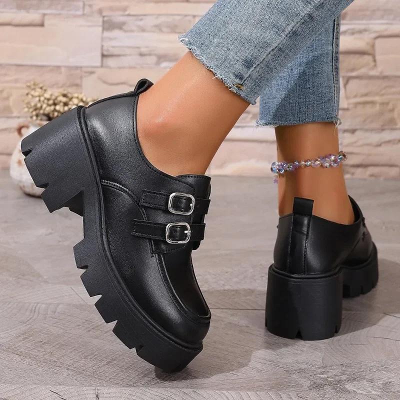 Pluss Størrelse Mote Loafers Dames Høye Hæler Rund Tå Tykke Hæler Plattform Spennestropp Pumps For Klassikere Daglig Kontor