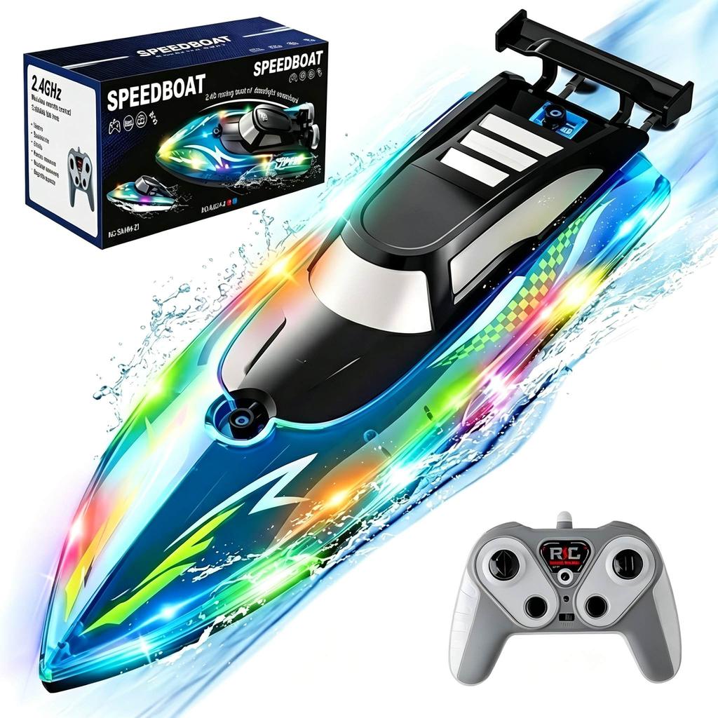 RC Boat 2.4GHz High Speed Remote Control Boat with LED Lights, Waterproof Dual Motor Speedboat for Kids Adults Pool Lake Toys
