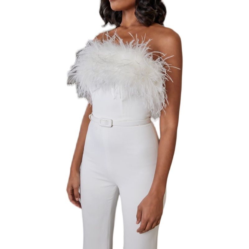 Women Off Shoulder Sexy Dress 2022 European and American Feather Tube Top Sexy Fashion Jumpsuit
