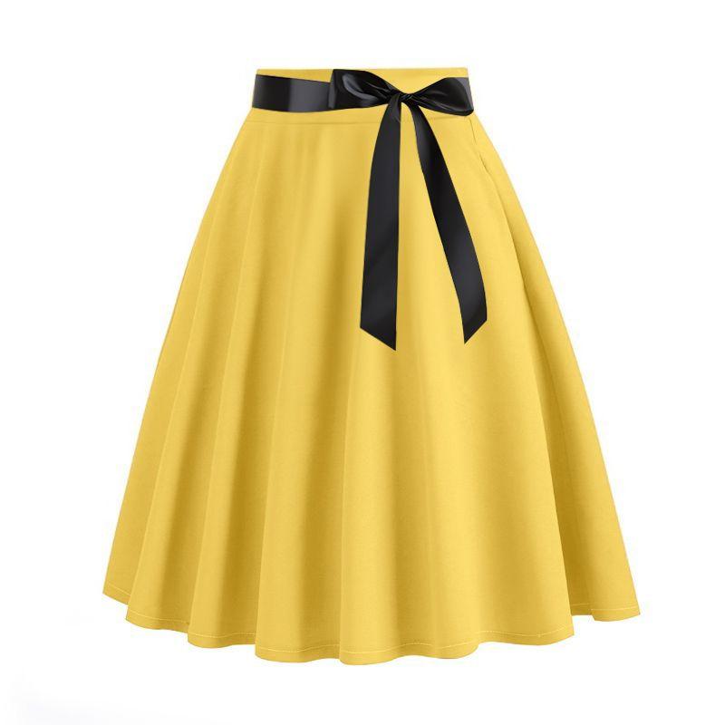 

Fashion Spring/Summer New Arrival Solid Color Sweet A- line Fashion Retro Lacing Mid-Length Skirt with Ribbon for Women Dress Yellow XL