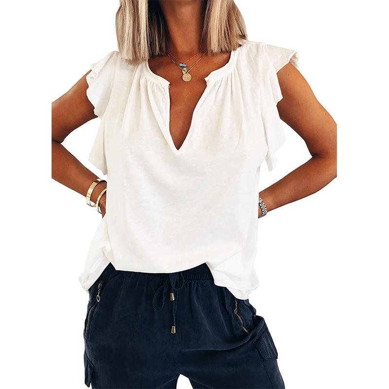 Summer Women Fashion Ruffle Sleeve T-shirt Loose Solid Color Casual Top