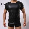 Club T-Shirt Wear Costume Faux Leather Smooth Slim Men Undershirt Round Neck for Stage Show