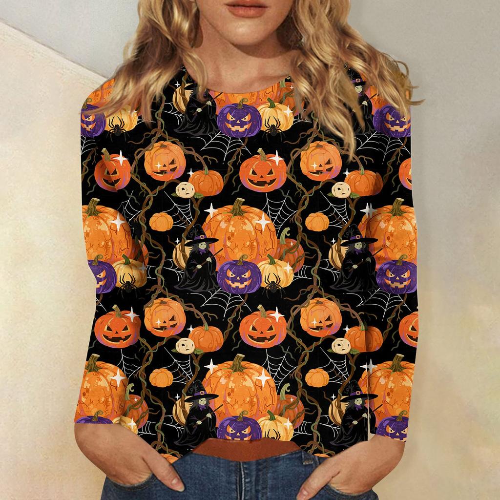 Women's long-sleeved loose-necked Halloween print casual top , suitable for holiday parties