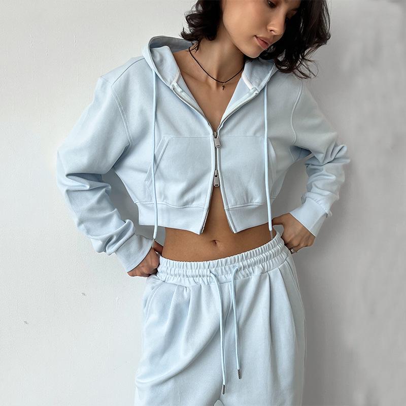 2025 Autumn Women's Casual Solid Color Zip-Up Hoodie & Drawstring Sweatpants Set