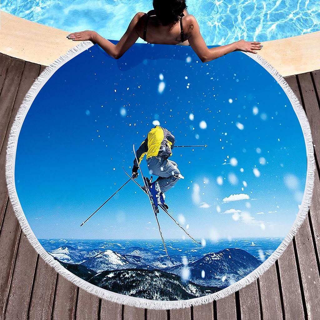 Ski Round Beach Towel, Extreme Sports Theme Beach Blanket Comfortable Absorbent Quick Dry Snow Mountain Print Towel Picnic Mat