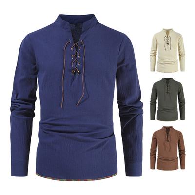 Spring Autumn Men Shirt Lace-up Stand Collar Long Sleeves Solid Color Loose Retro Medieval Mid Length Casual Commuting Office Top