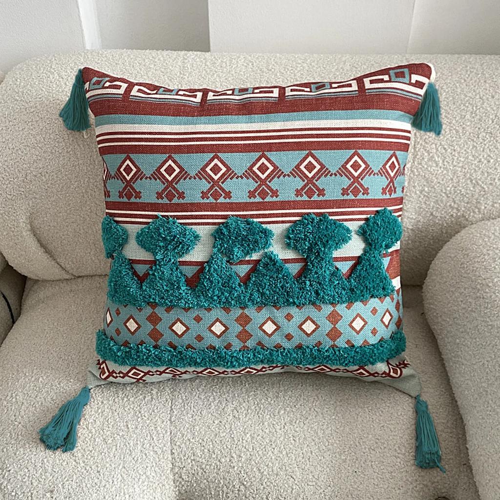 Bohemian Tufted Linen Pillow Case Ethnic Print Decorative Cushion Cover for Sofa Bedroom and Home Styling