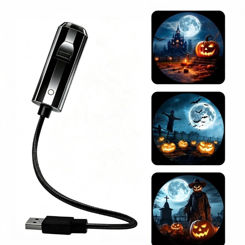 USB Halloween Christmas Projector Light with Adjustable Gooseneck & Swap Pattern Films – Indoor Outdoor Decor for Parties, Home, Windows