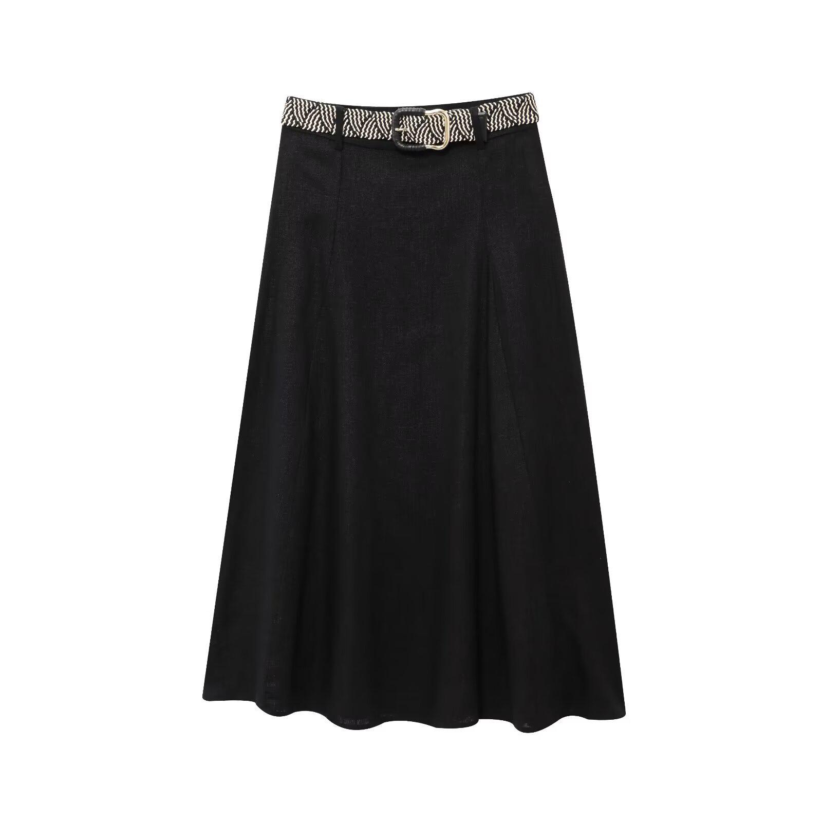 

2025 Spring European and American Women s Linen Belted Cape Midi Skirt M чёрный