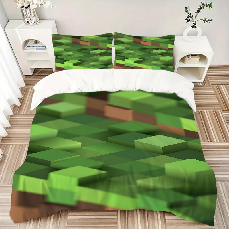 3pcs Minecraft Green Blocks Home Decor Bedding Set-Universal Three-Piece Suit for Bedroom, Guest Room, Living Room, Hotel-Perfect Gift for F