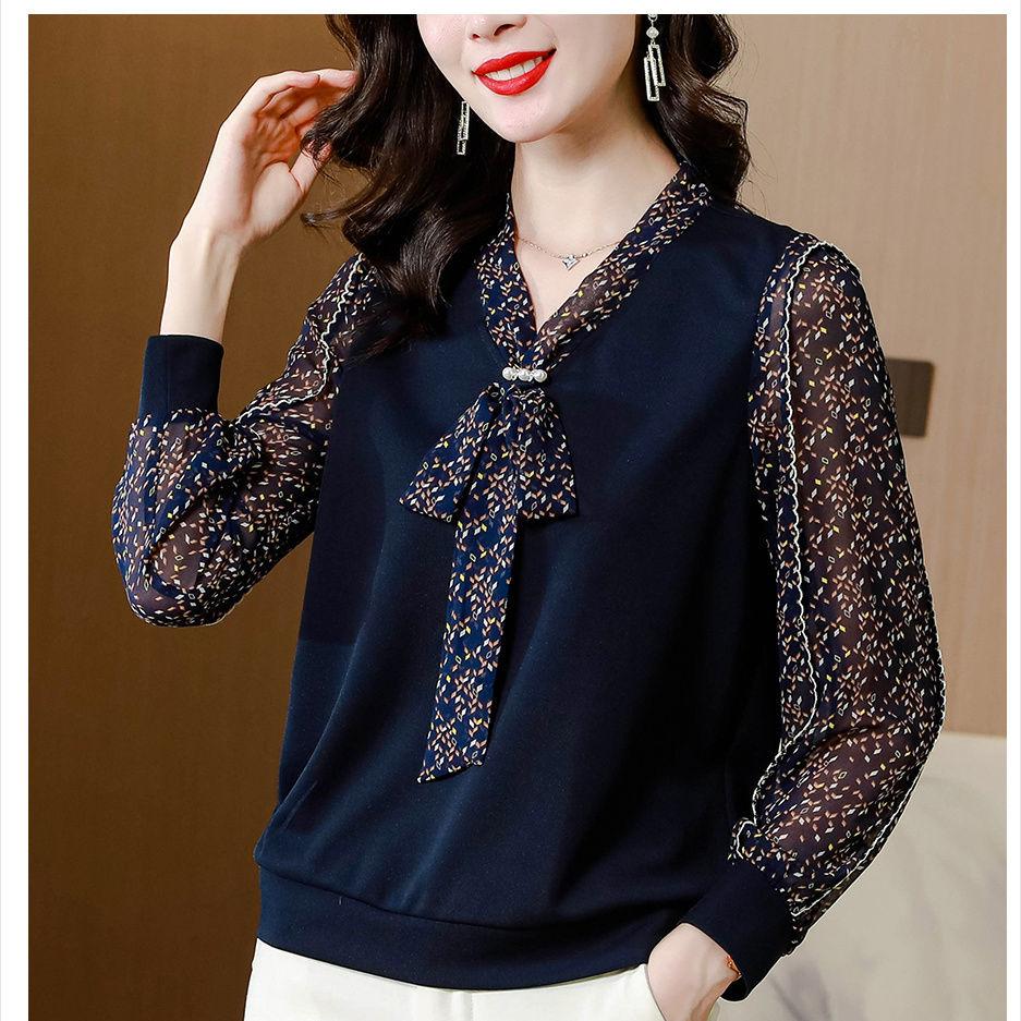 

Тяжелая промышленность Бабочка Узел Сломанный цветок Шифоновый свитер Сращивание Трикотажная Маленькая рубашка Большой Верх Низ Рубашка для женщин 2XL тёмно-синий