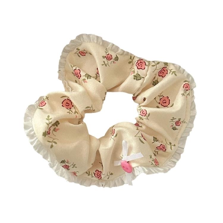 Lace Trimmed Floral Hair Scrunchy Hair Decors Stretchy Soft Fabric Ponytail Holder for Women Girls Various Hairstyles