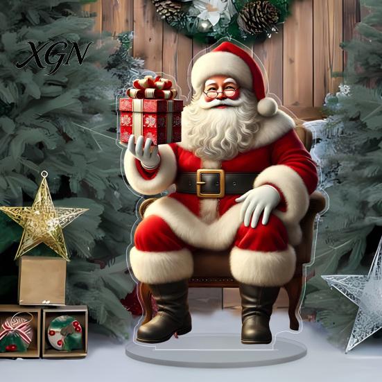 Retro Xmas Fairy Tale Scene Christmas Santa Claus Ornament, Reindeer Acrylic Decoration, Indoor Holiday Ornament Display Double Sided Desktop