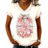 Women's Fashion Casual Short Sleeve V-Neck T-Shirt with Breast Awareness Print for Daily Wear