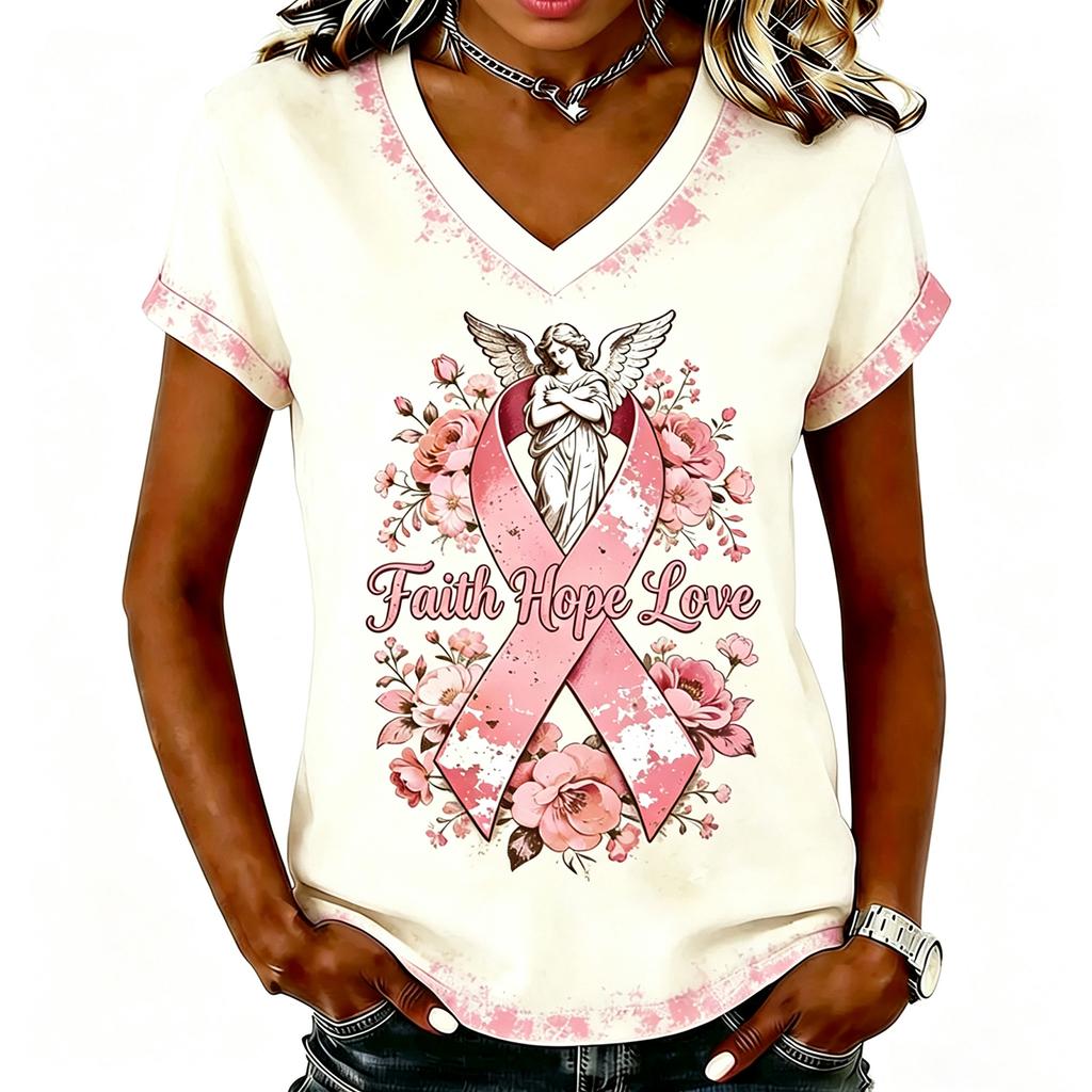 Women's Fashion Casual Short Sleeve V-Neck T-Shirt with Breast Awareness Print for Daily Wear
