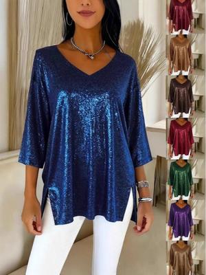2025 European & American V-Neck Sequined Slit Top with Nine-Point Sleeves - Women's Fashion