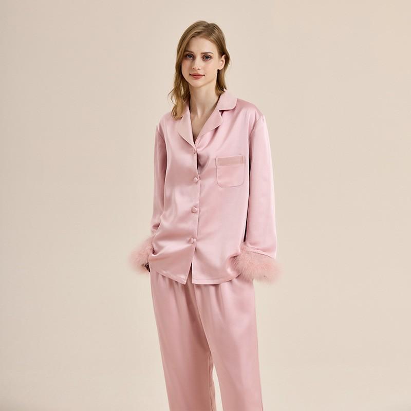 Pigiama da Donna in Raso con Stampa di Piume Rosa, Foderato in Pile, Manica Lunga, Vestaglia Larga, Invernale, Comodo