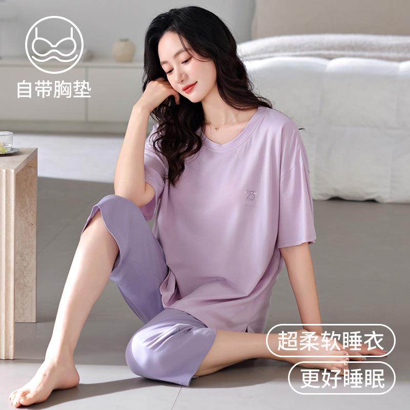 Pajamas with chest pads, women's summer modal short-sleeved cropped pants, summer thin cool cotton and silk loungewear set