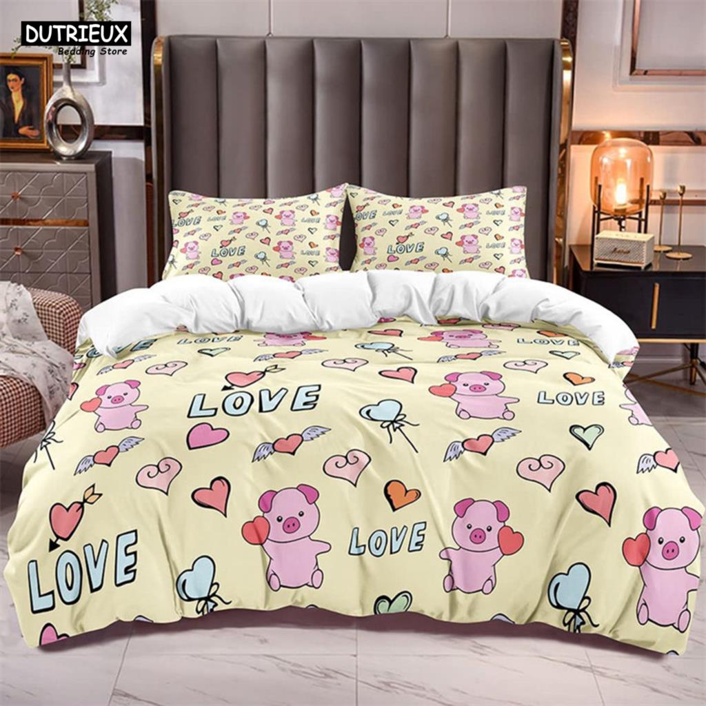 Cartoon Lovely Pig Duvet Cover Set Kawaii Animal Bedding Set King Microfiber Farmhouse Wildlife Theme Comforter Cover Pillowcase