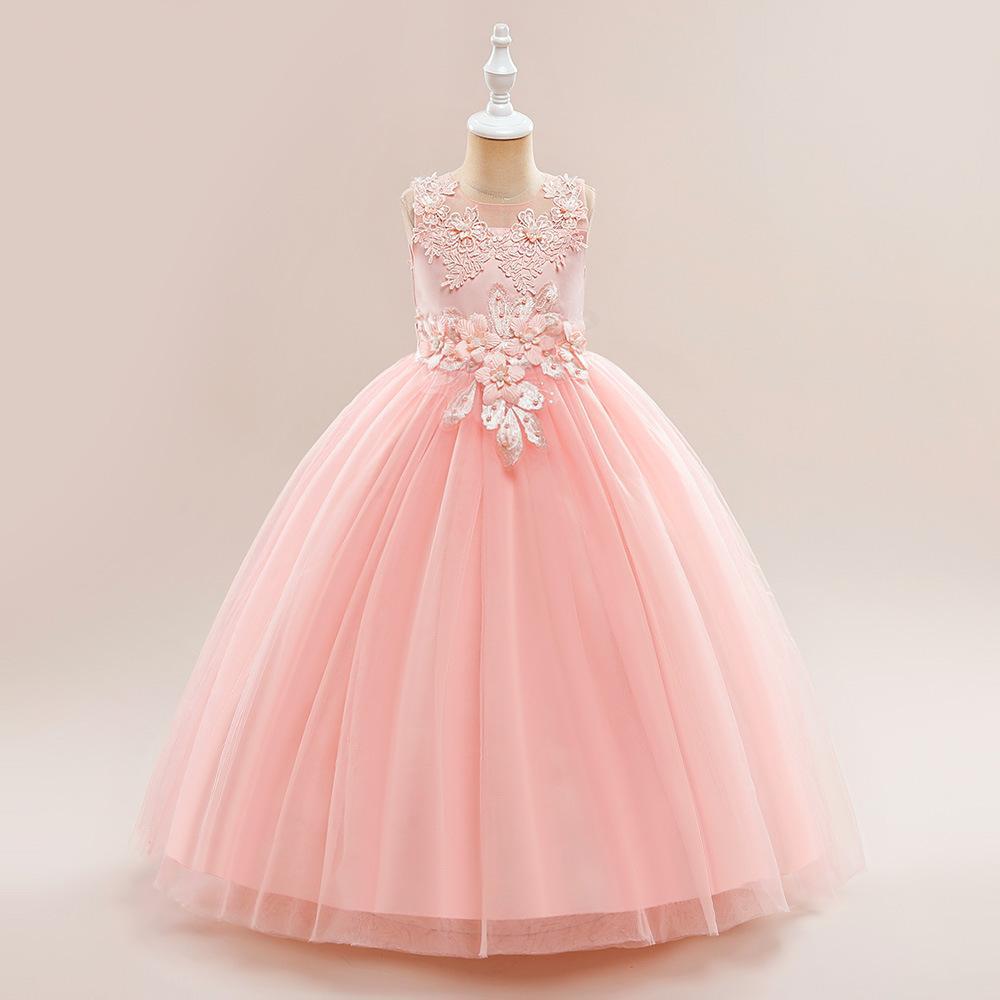 Girls' Sleeveless Mesh Princess Dress with Embroidery & Appliques - Formal Performance Wear