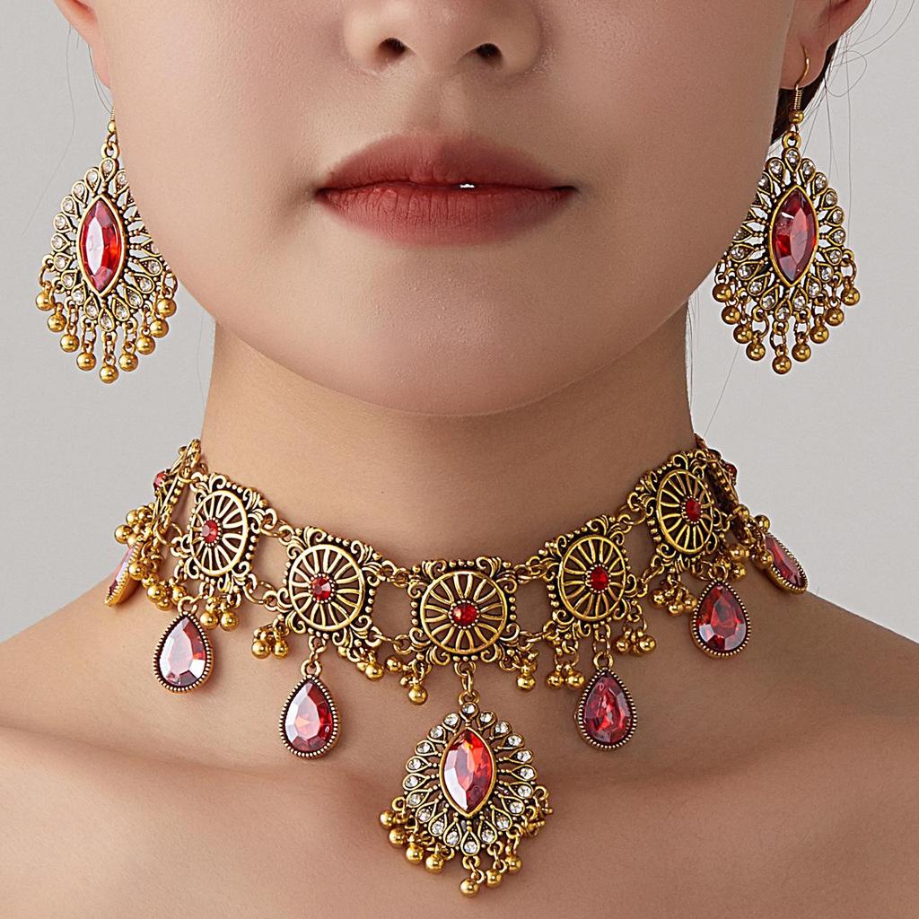 Indian Ethnic Style Gemstone Beaded Jewelry Set - Necklace & Earrings