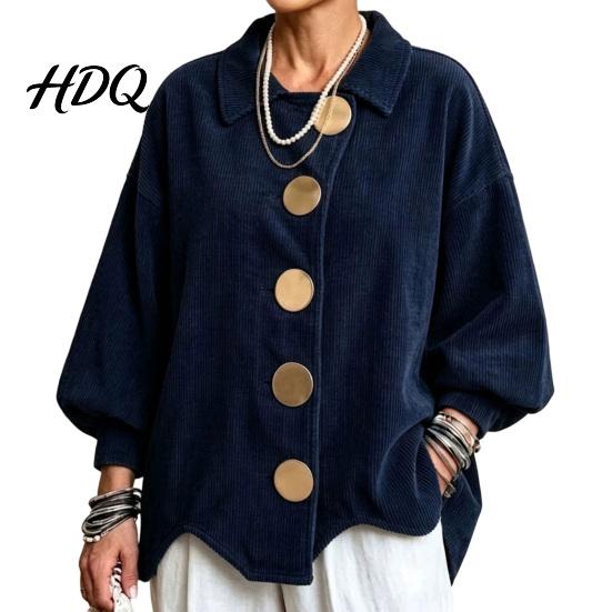 Laternenärmel Mantel Damen Cordjacke mit großen Metallknöpfen Lässig Damen für Herbst Winter Lockere Passform Oversized Kragen Oberbekleidung Knopfleiste