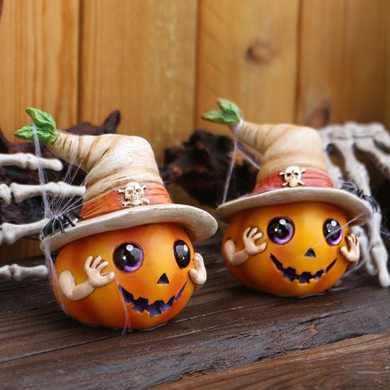 Halloween Pumpkin Ornament Spooky Resin Pumpkin Statue with Hat Spider Skull for Halloween Home Tabletop Decor