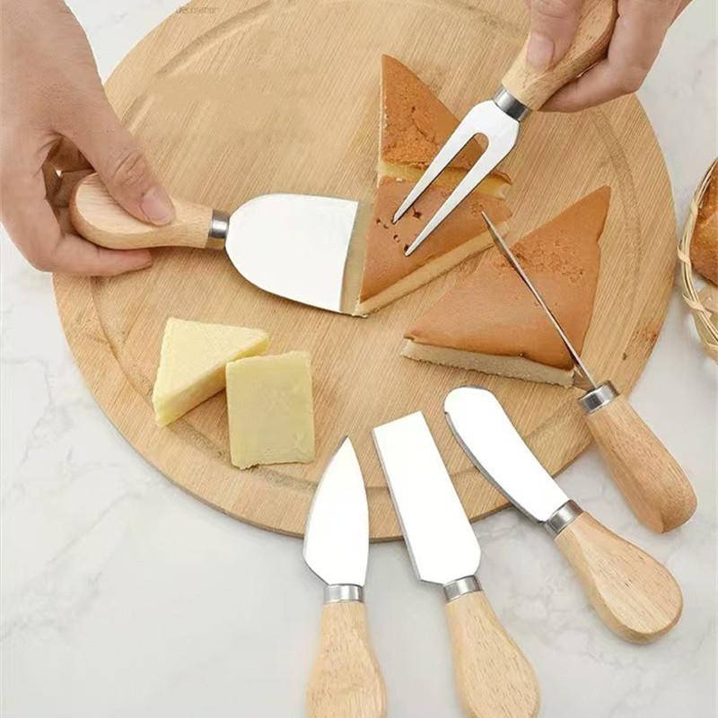 6pcs Cheese Knives Set Cheese Cutlery Steel Stainless Cheese Slicer Cutter Wood Handle Mini Cheesse Butter Knife Spatula Fork
