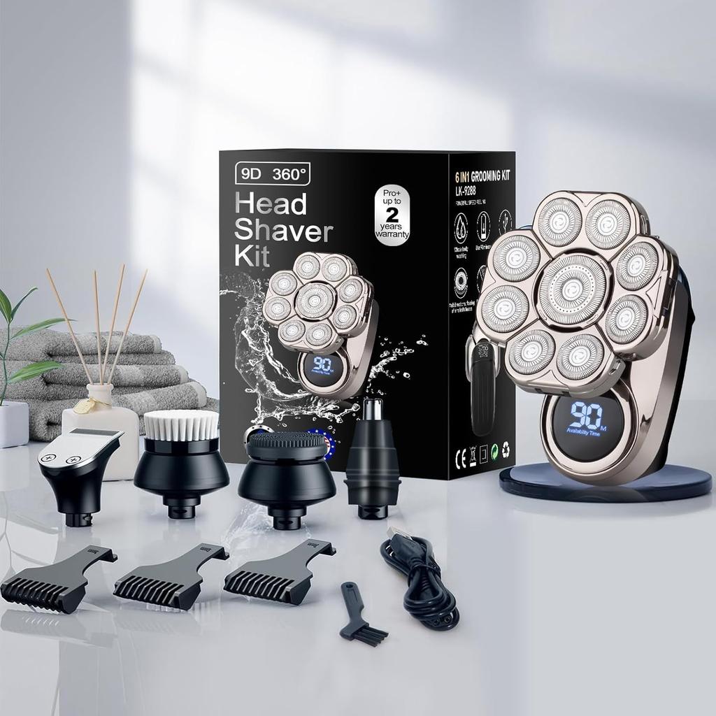 9D Electric Head Shaver for Bald Men, Upgraded 5-in-1 Head Shaver for Bald Men, Waterproof Wet/Dry Grooming Kit Electric Shaver for Men, Cordless