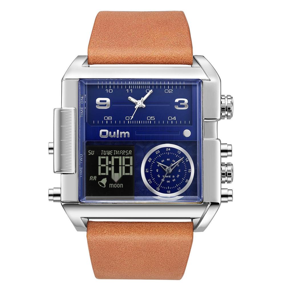 Oulm Men's Square Dial Waterproof Sport Watch with Multifunctional Features and Gold Leather Strap
