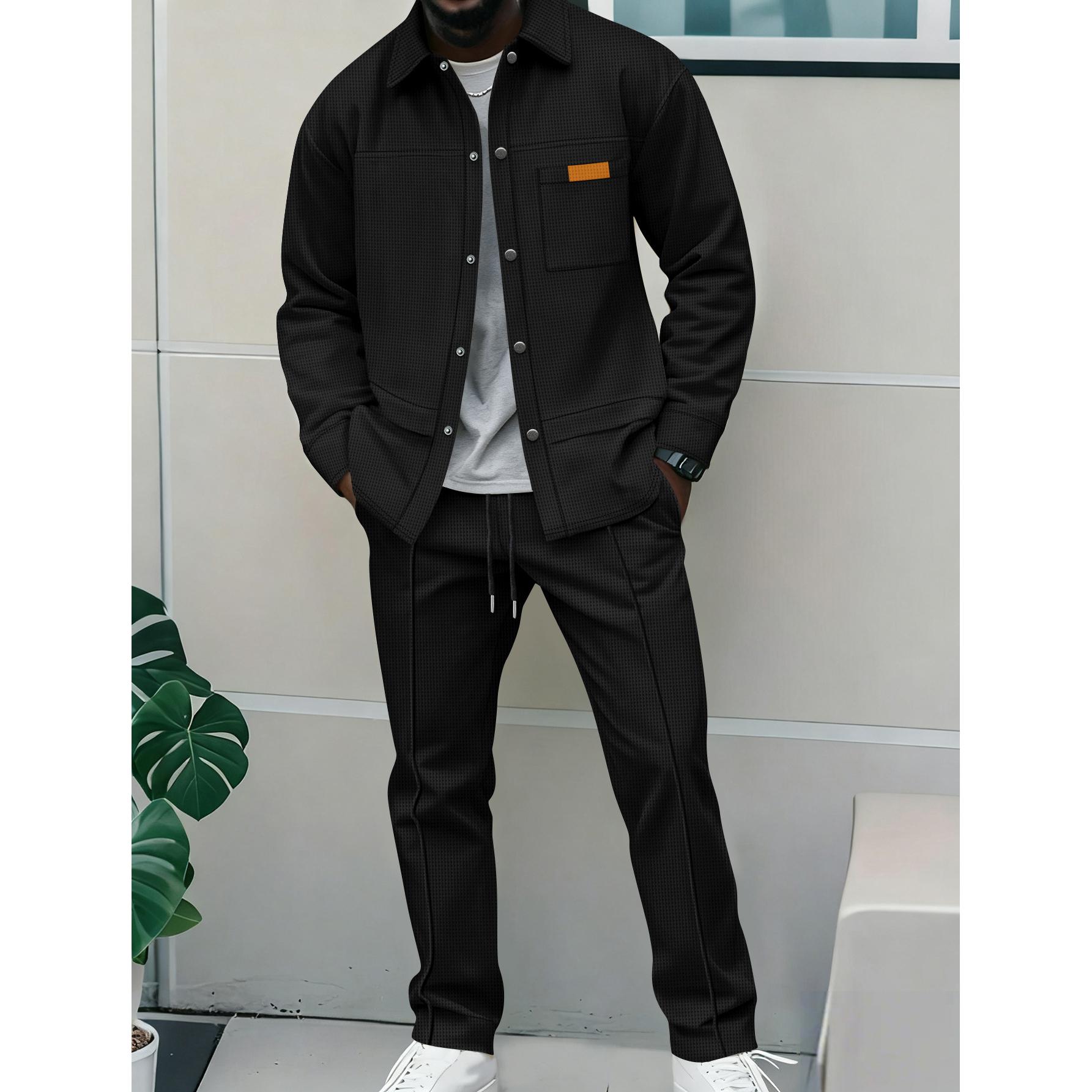 

2pc Men S Tracksuit Waffle Pure Color Turtleneck Button-Front Pocket Long-Sleeved Jacket Pants Casual Two-Piece Set Sweatsuit XS чорний