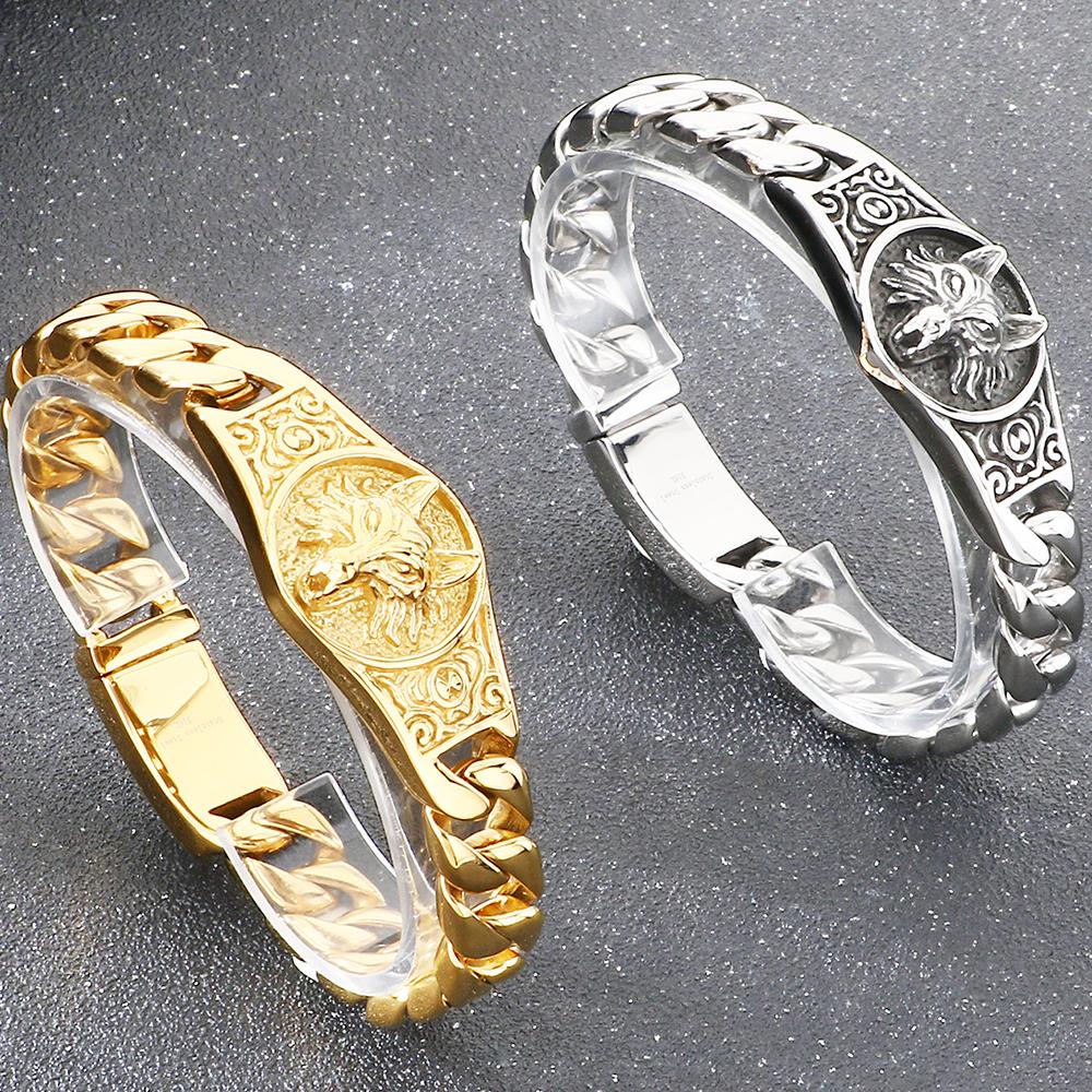 Cool Biker Mens Stainless Steel Wolf Head Curb Cuban Link Chain Bracelet for Men Man Punk Rock Style Jewelry Accessories 19-23CM