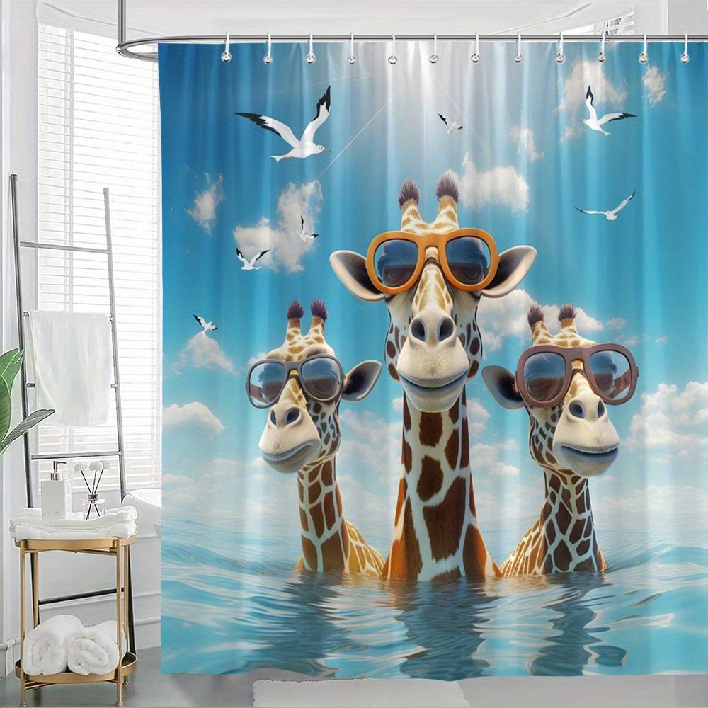 

1Pc Playful Cgi Giraffes Ocean Shower Curtain Three Human-Like Giraffes Orange Fashion Glasses Radiant Sun Halo Blue Sky White W60H190(CM)-1 Pcs
