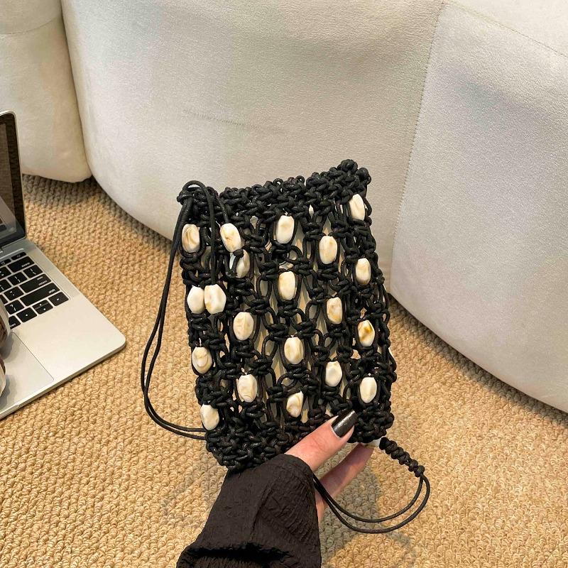 2026 New Shell Beaded Woven Drawstring Bag Handmade Macrame Crochet Shoulder Bag Summer Beach Vacati Crossbody Purse for Women