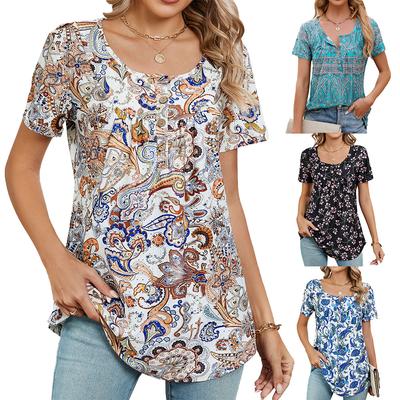 Women's Fashion Short Sleeve Tops Floral Print T-Shirt Round Neck Button Shirts Casual Loose T-Shirt Summer Womens Clothing