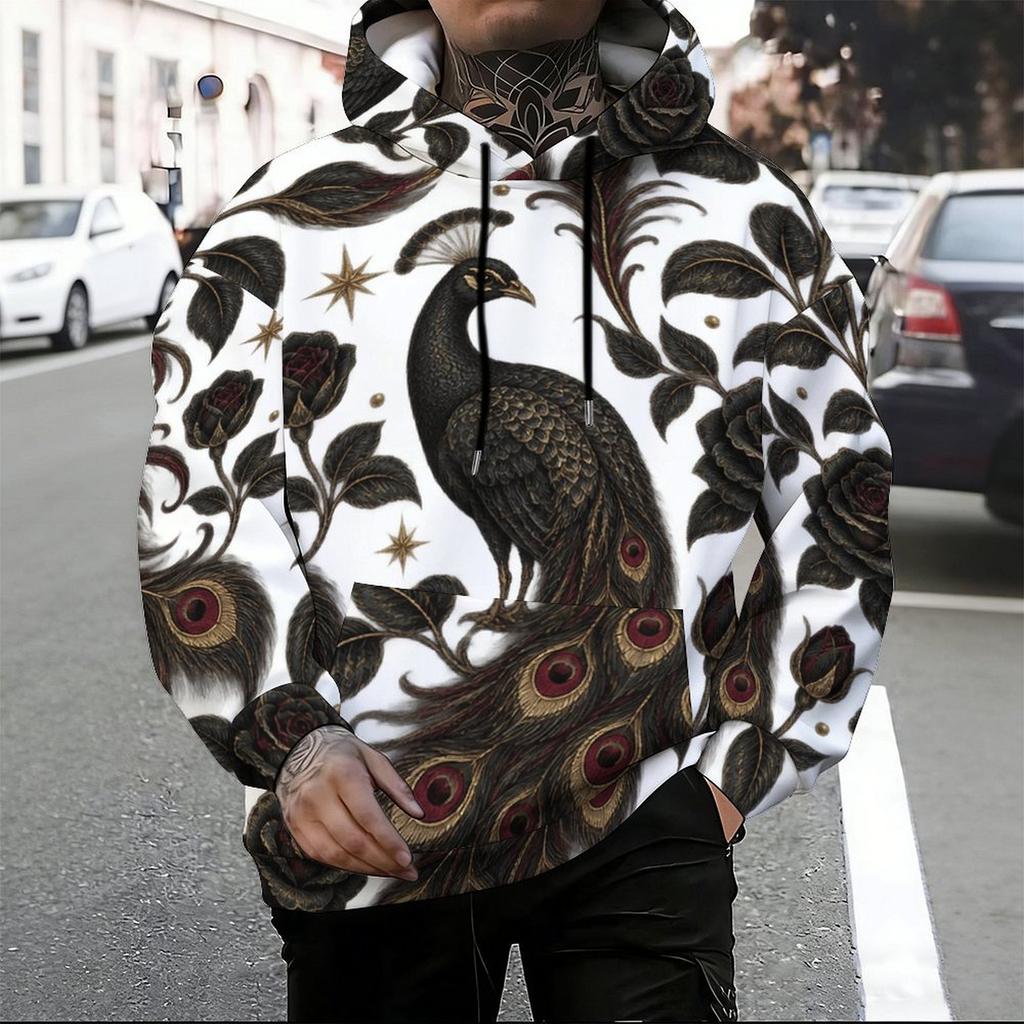 Men s Plus Size Long Sleeve Drawstring Hoodie Black Rose Gold Moon Star Printed White Kangaroo Pocket Pullover