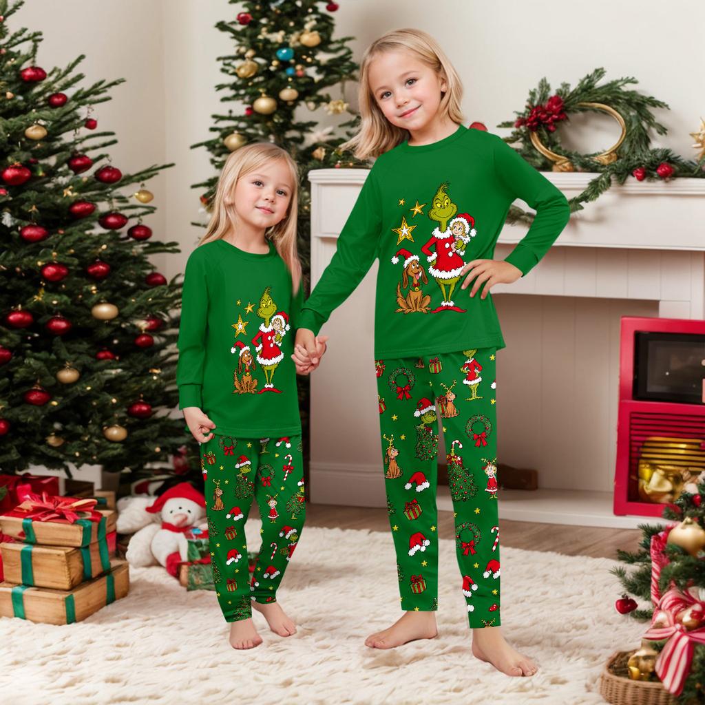 Passendes Weihnachts-Print-Loungewear-Set für Eltern und Kinder, Langarm-Oberteil und Hose, Raglanärmel, Gerade geschnittene Hosen