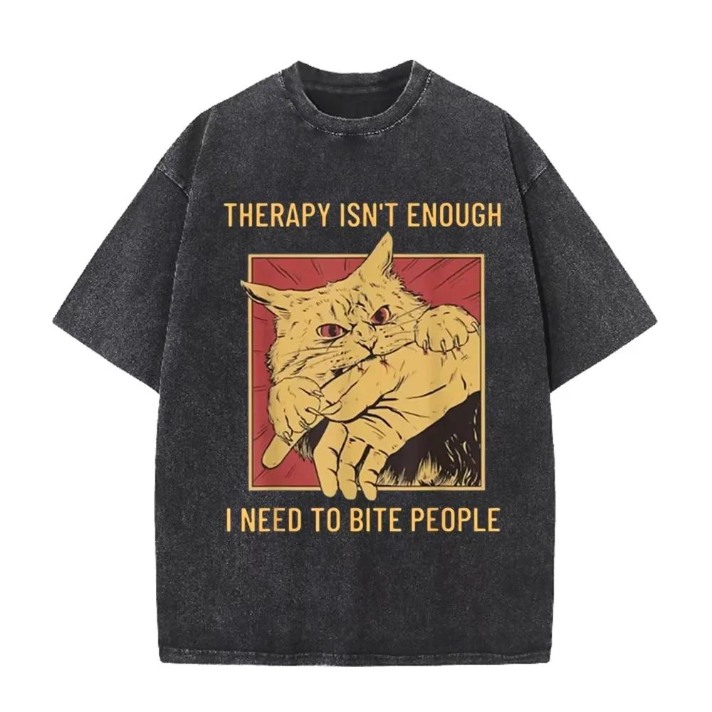 Funny Cat Bite Hand Therapy Isn t Enough Print Vintage Washed Black T Shirt S разноцветный