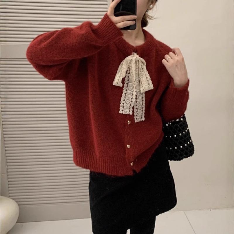 Lace-up Lace Bow Crew Neck Sweater Jacket Women's Autumn and Winter Loose Love Gold Button Knitted Cardigan Women