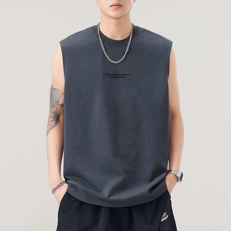 Latest Summer 210g Heavy Printed Vest Mens Comfortable Fit Craned Sleeveless T-shirt Japanese Classic Style