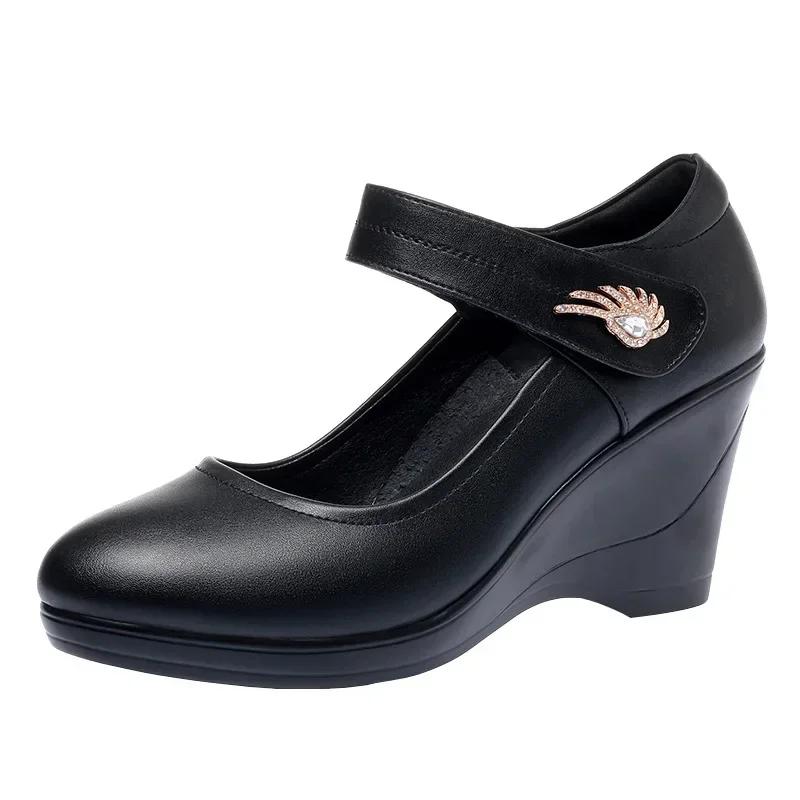 Fashion 7.5cm Comfortable Quality Soft Leather Shoes Shallow Platform Wedges Shoes 2025 Fall High Heels Pumps Women for Office Mom