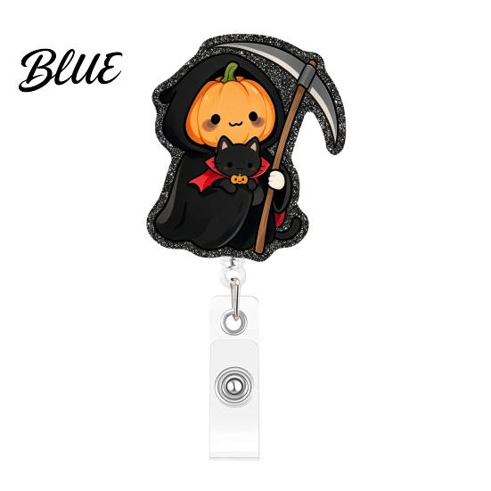 Halloween Badge Reel Retractable Reel Cute Pumpkin And Grim Reaper Design Acrylic Work Holder Smooth Pull Cord Clip for Nurse Doctor Teacher ID Card