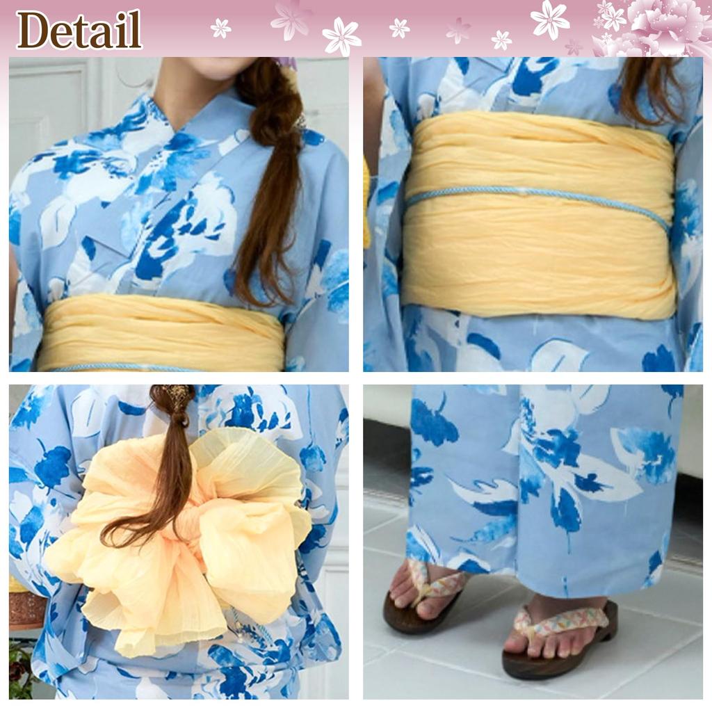 RAVIR Yukata White and Blue Bold Floral Fluffy Obi and Geta One Size Fits All Women's 3-Piece Set, Contrast, Pattern, Belt, Sandals, Blue,