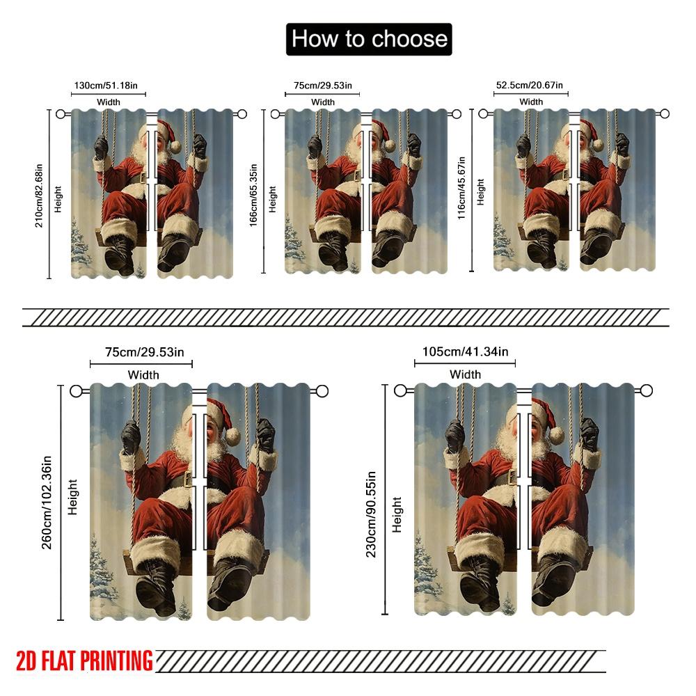 2pcs,2D Plane Printing Curtains Happy Santa Claus On Swing Versatile Durable Polyester (without Rod) Gifts for Bedroom and