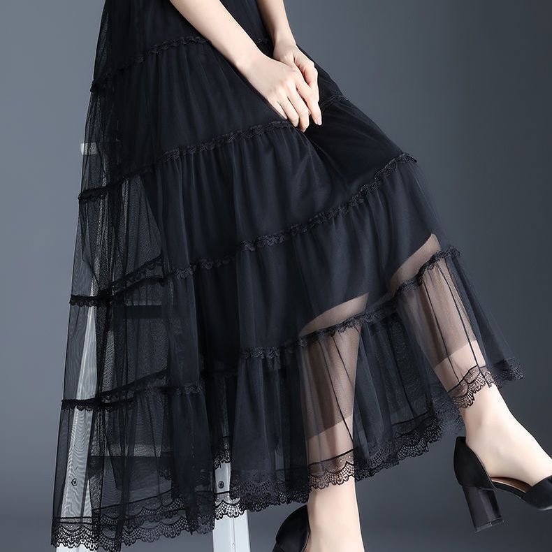 Mesh Half Skirt Autumn Half Skirt Lace Lace Long Skirt A-line Pleated Cake Skirt