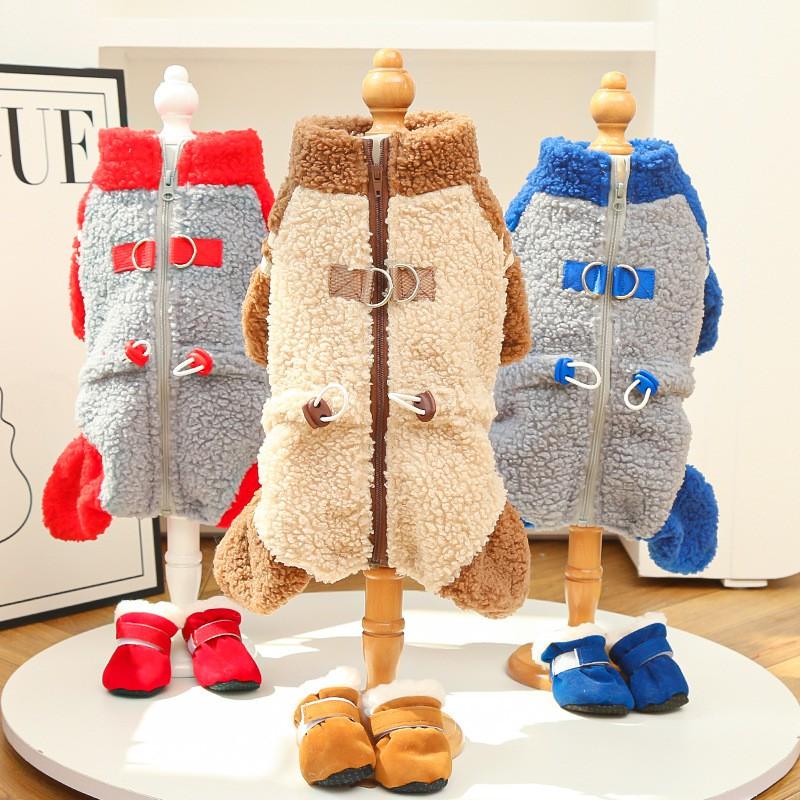 Thick Fleece Dog Cat Four-Legged Hoodie With Zipper Warm Winter Pet Outfit Small Medium Large Breeds