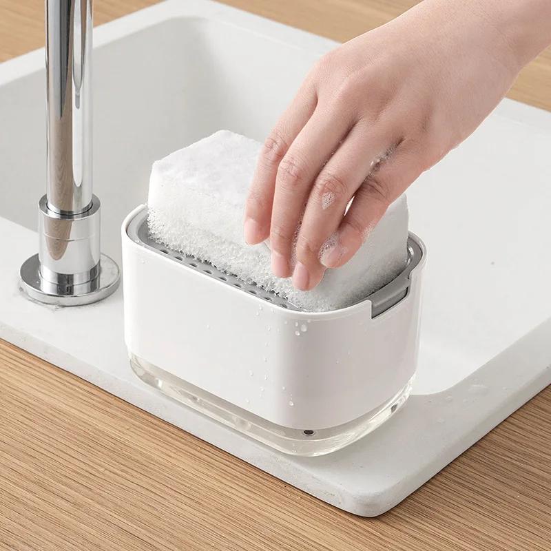 Soap Dispenser With Sponge Holder Cleaning Liquid Pump Dispenser Container Manual Press Home Bathroom Kitchen Clean Accessories