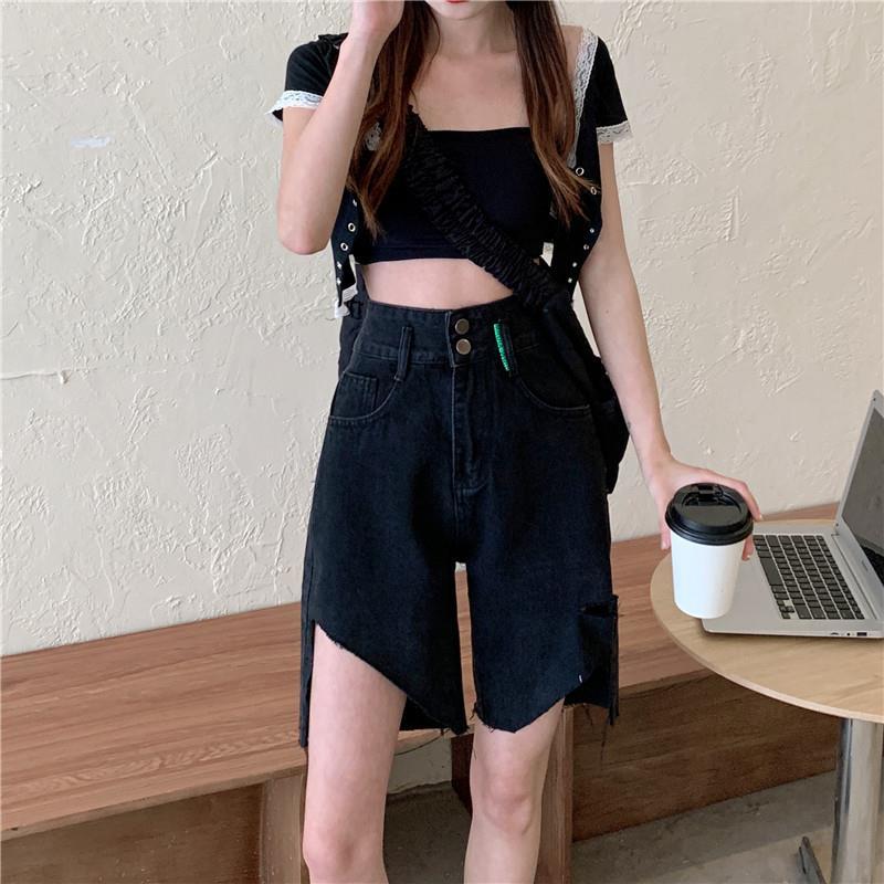 Fashionable Black Cropped Jeans Women's Summer Pants High Waisted Straight Leg Loose Wide Leg Shorts